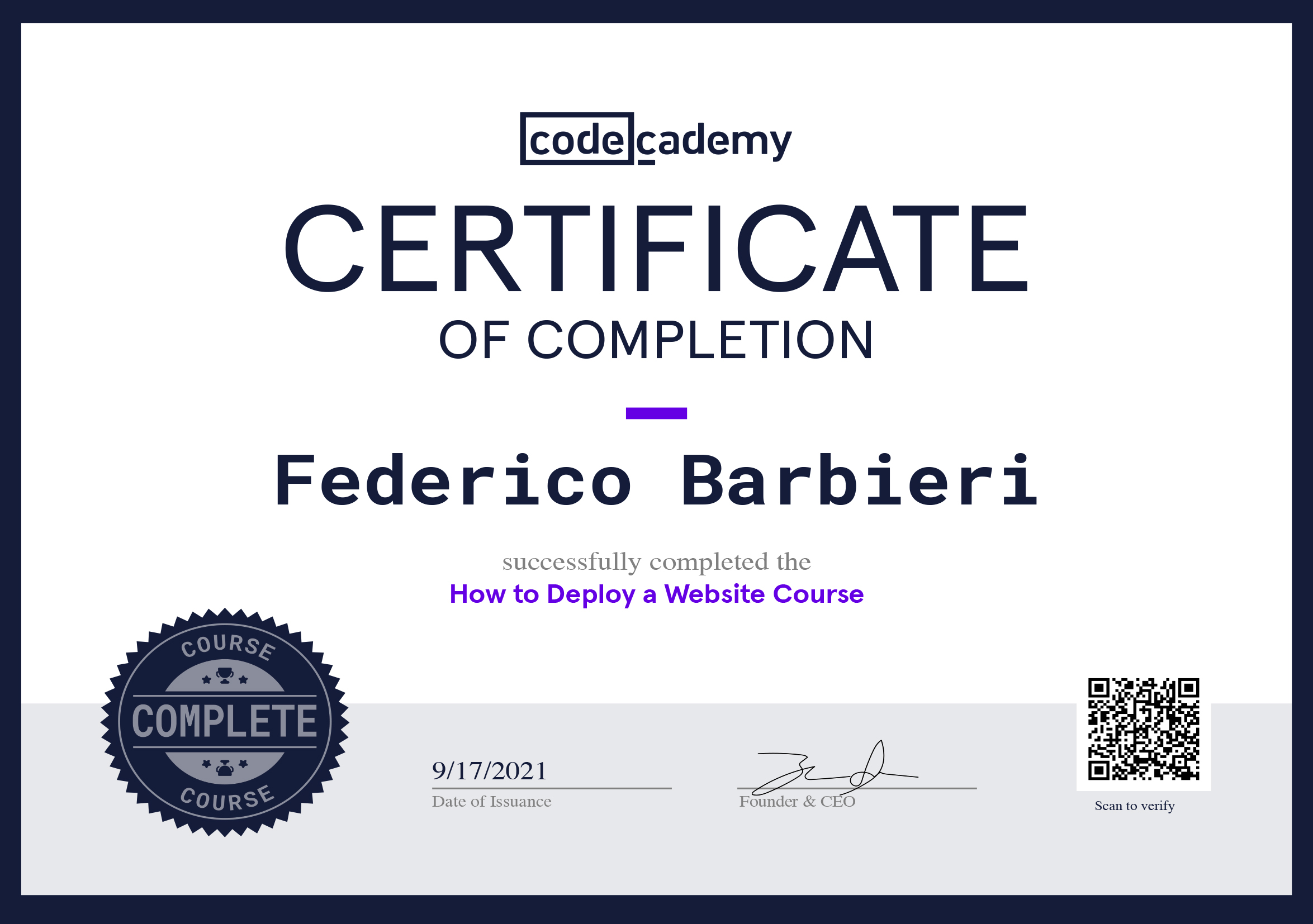 Deploy Websites Certificate from Codecademy