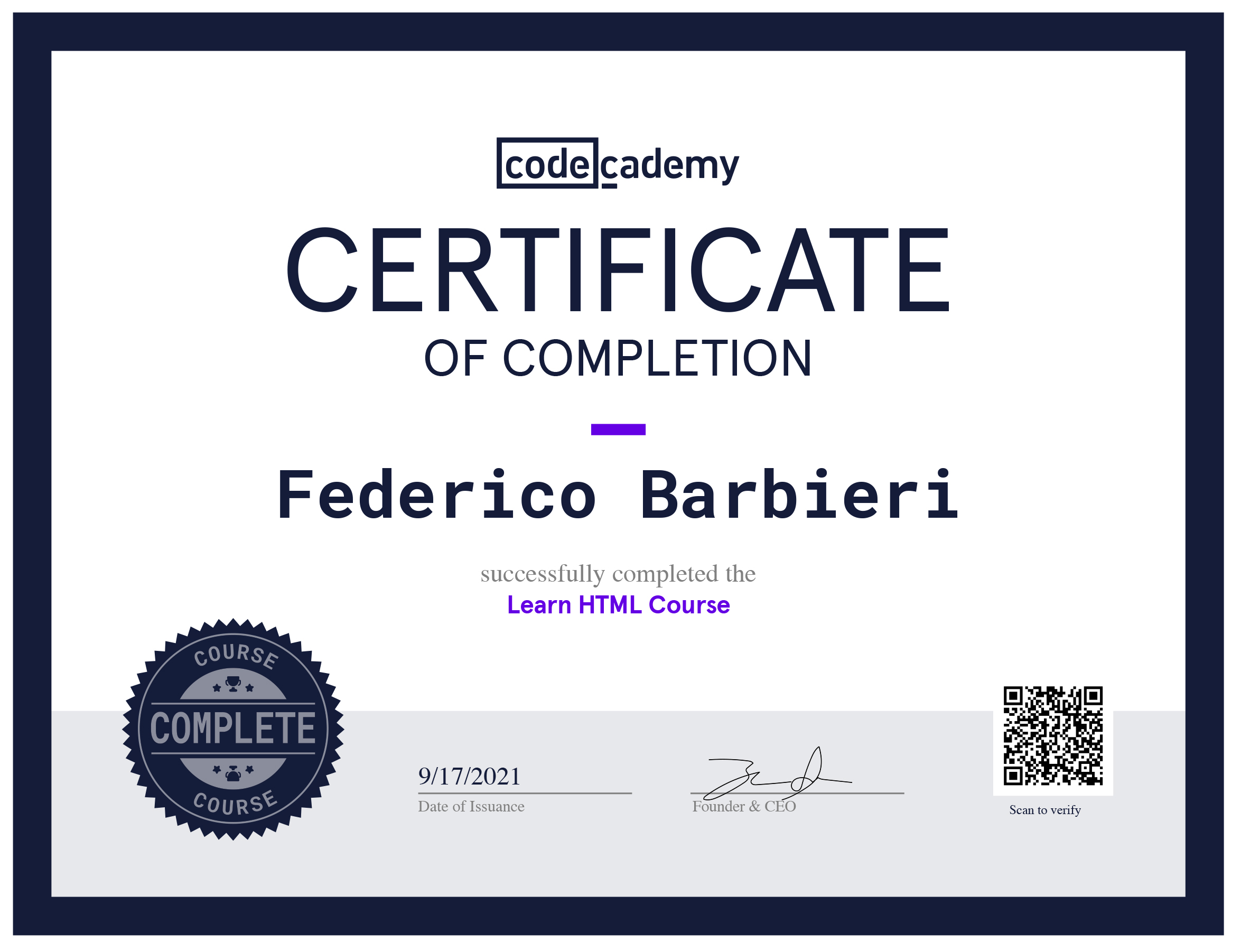 HTML Certificate from Codecademy
