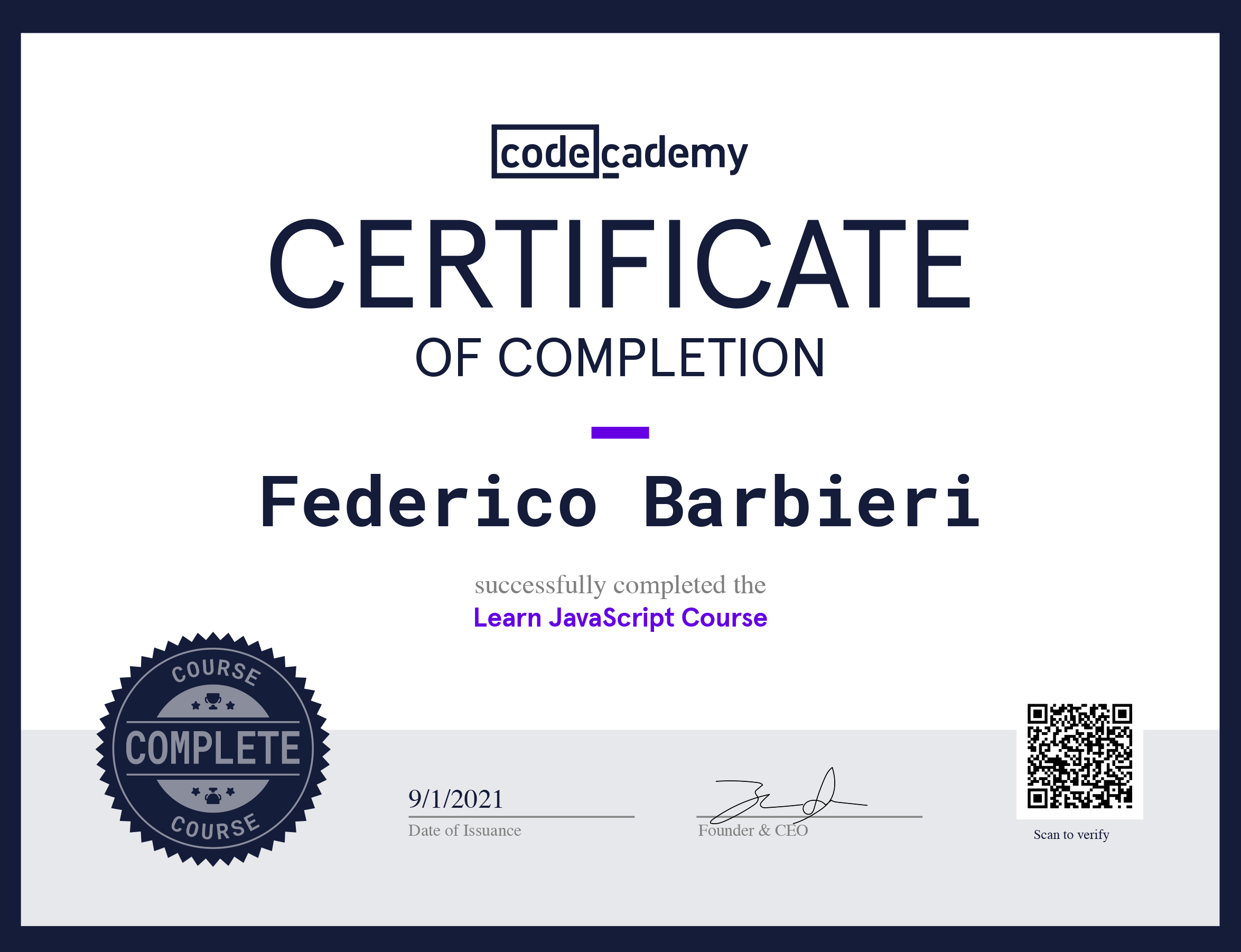 JavaScript Certificate from Codecademy