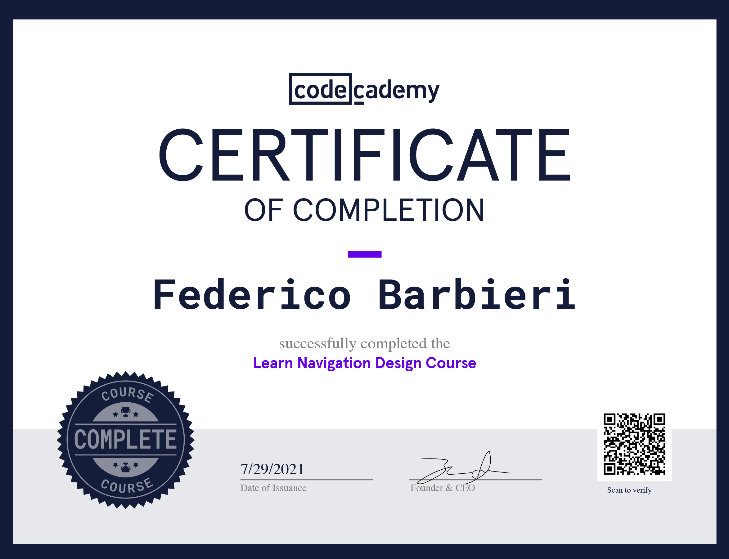 Navigation Design Certificate from Codecademy